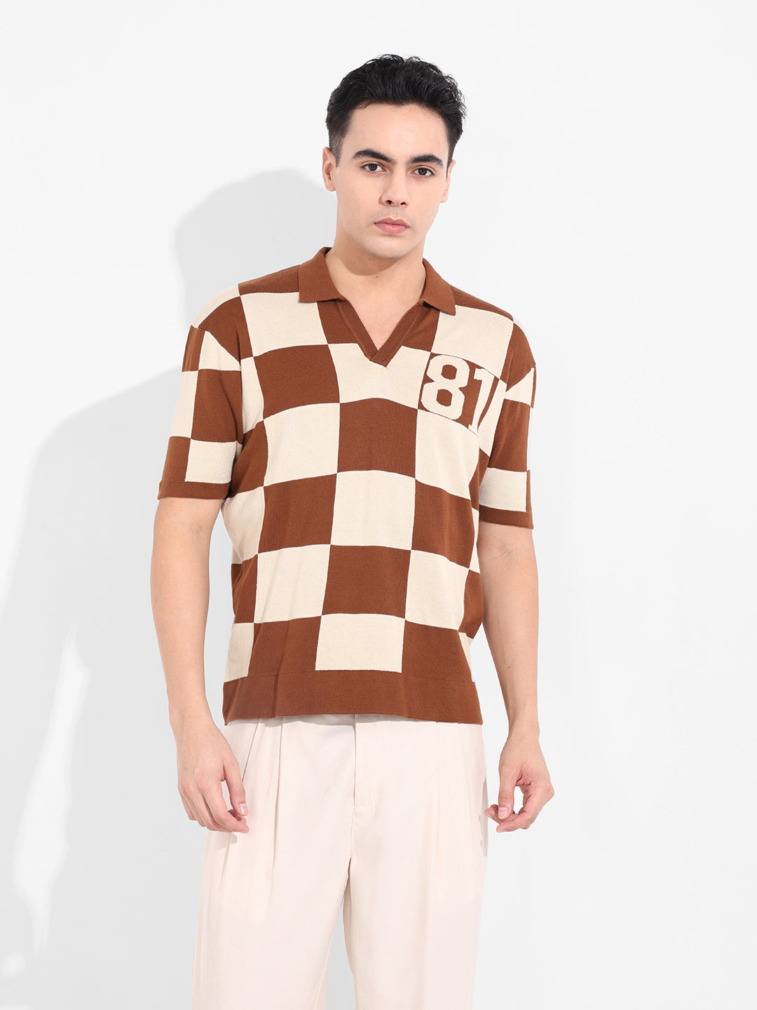 Men's Brown Oversized Fit Textured Flat Knit T-Shirt