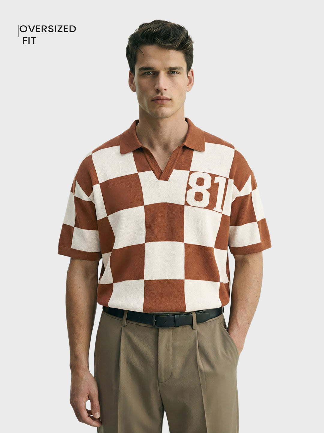 Men's Brown Oversized Fit Textured Flat Knit T-Shirt