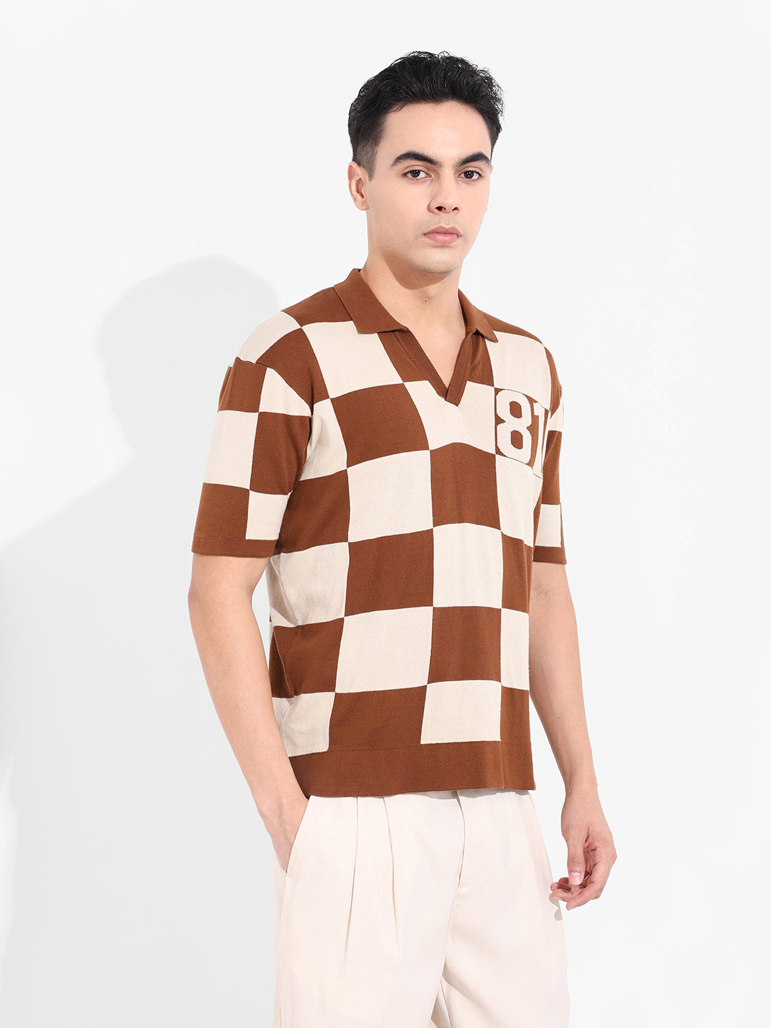 Men's Brown Oversized Fit Textured Flat Knit T-Shirt