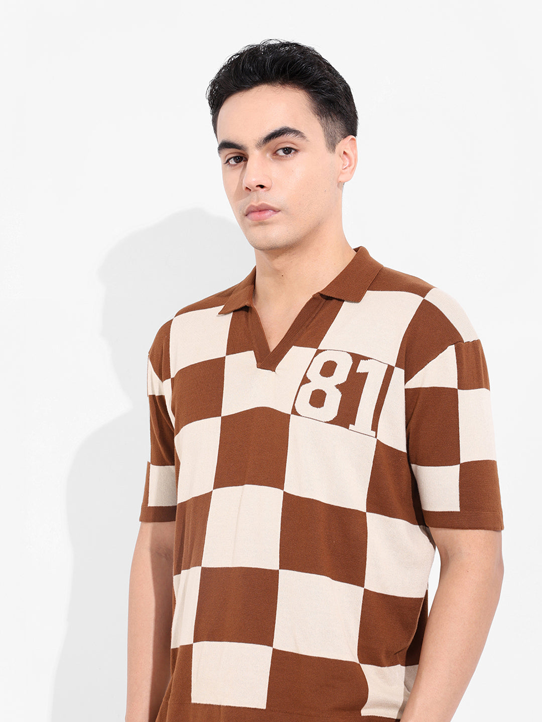 Men's Brown Oversized Fit Textured Flat Knit T-Shirt