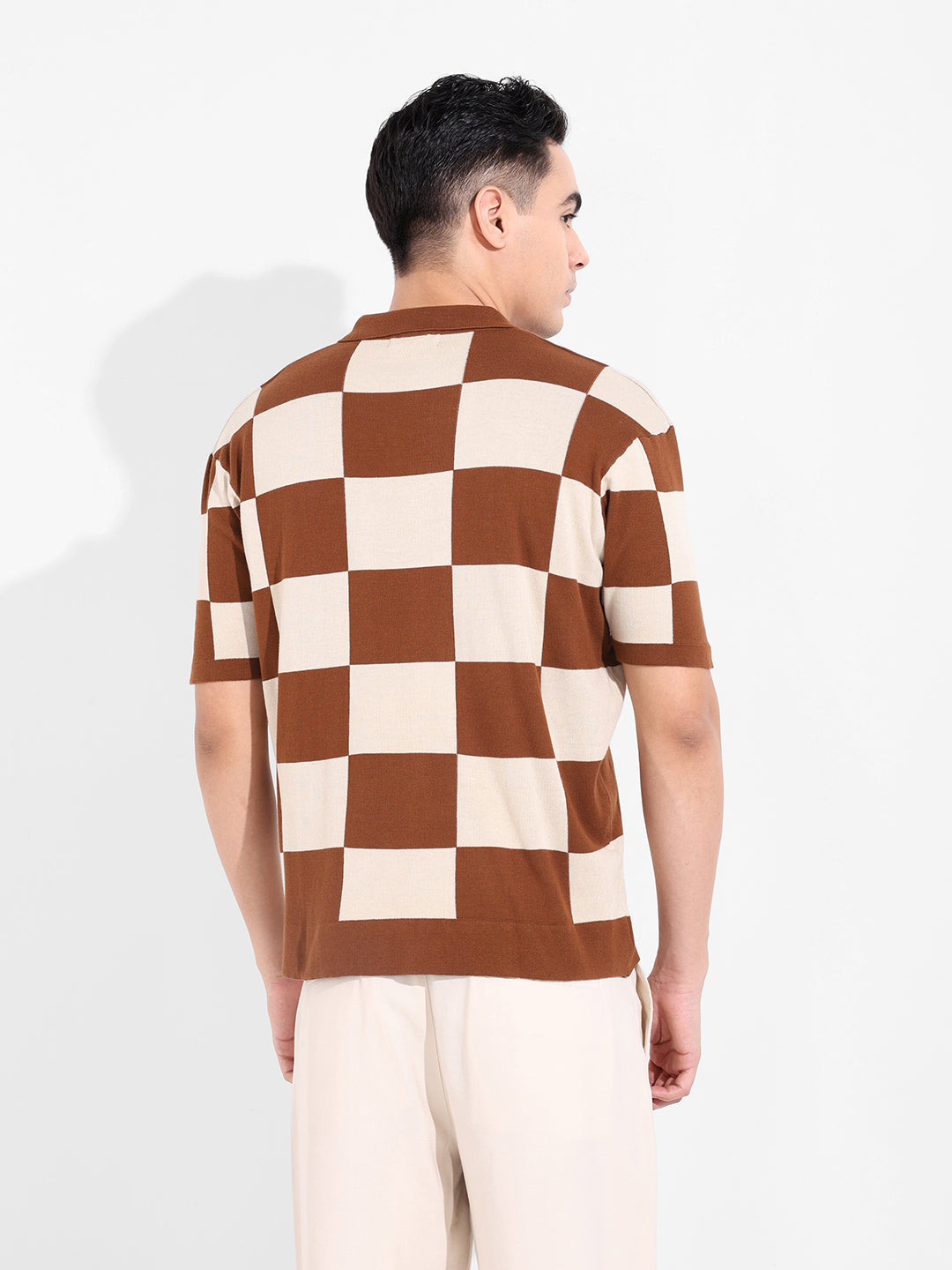 Men's Brown Oversized Fit Textured Flat Knit T-Shirt