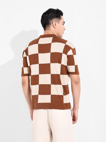 Men's Brown Oversized Fit Textured Flat Knit T-Shirt