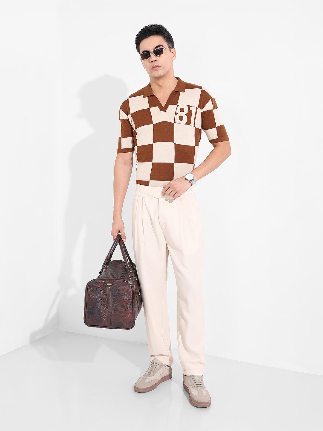 Men's Brown Oversized Fit Textured Flat Knit T-Shirt
