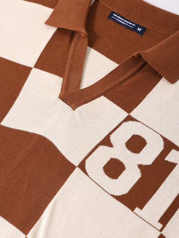 Men's Brown Oversized Fit Textured Flat Knit Polo T-Shirt