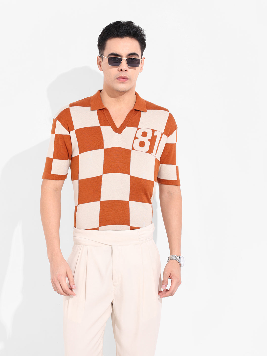 Men's Orange Oversized Fit Textured Flat Knit T-Shirt