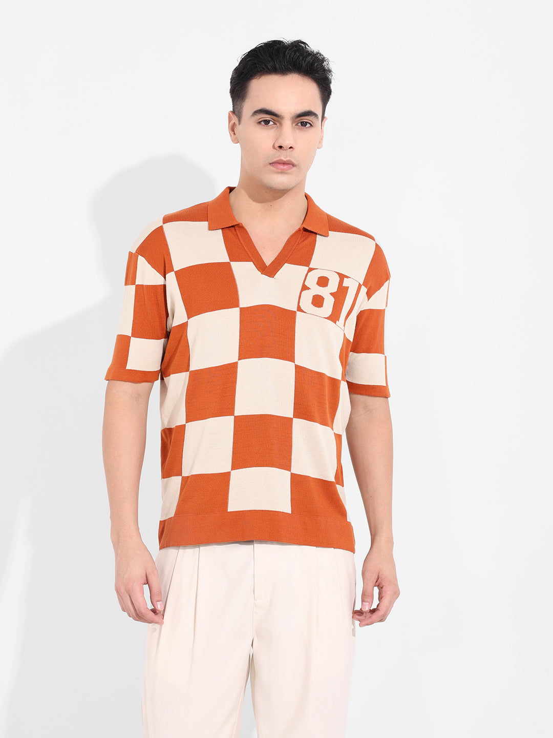 Men's Orange Oversized Fit Textured Flat Knit T-Shirt