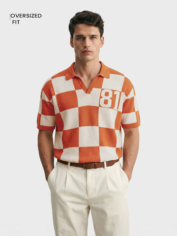 Men's Orange Oversized Fit Textured Flat Knit Polo T-Shirt