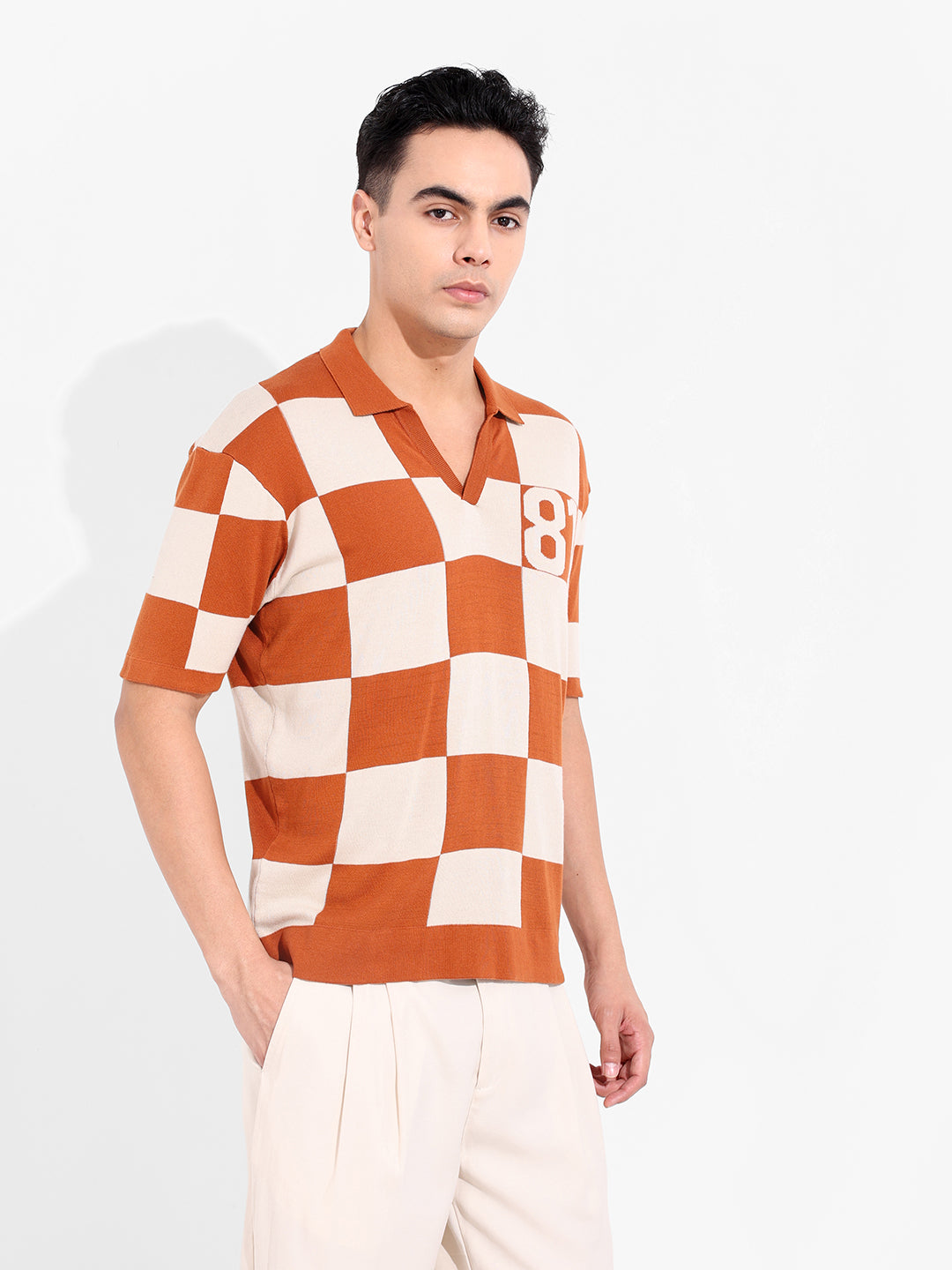 Men's Orange Oversized Fit Textured Flat Knit T-Shirt