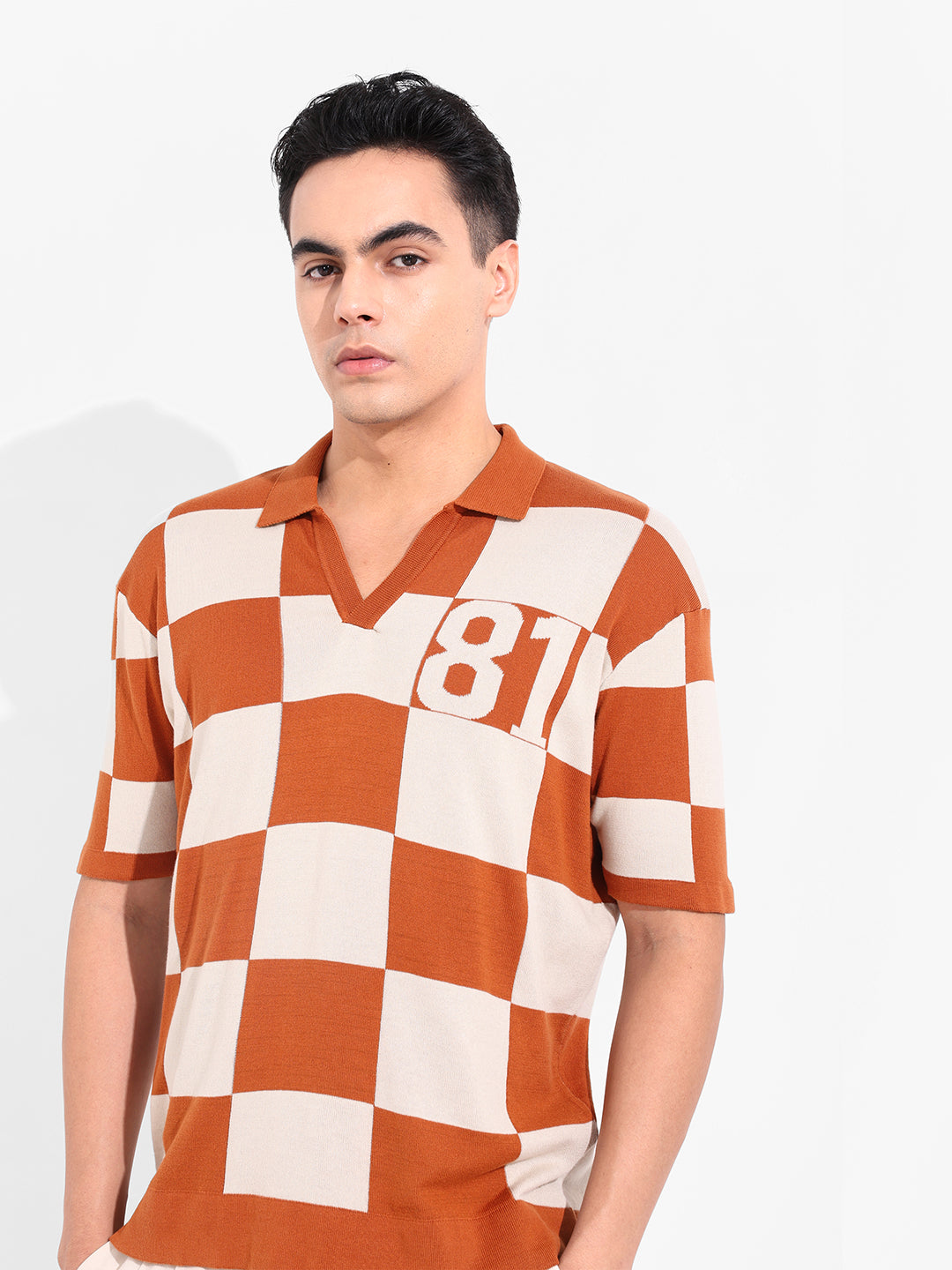 Men's Orange Oversized Fit Textured Flat Knit T-Shirt