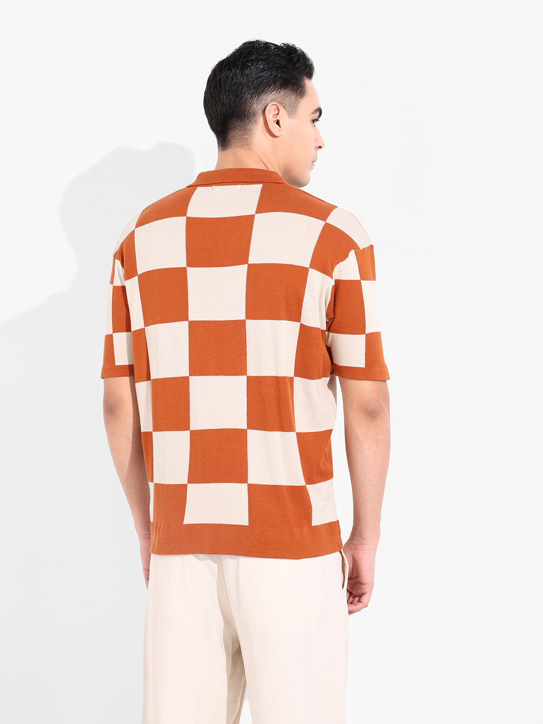 Men's Orange Oversized Fit Textured Flat Knit T-Shirt