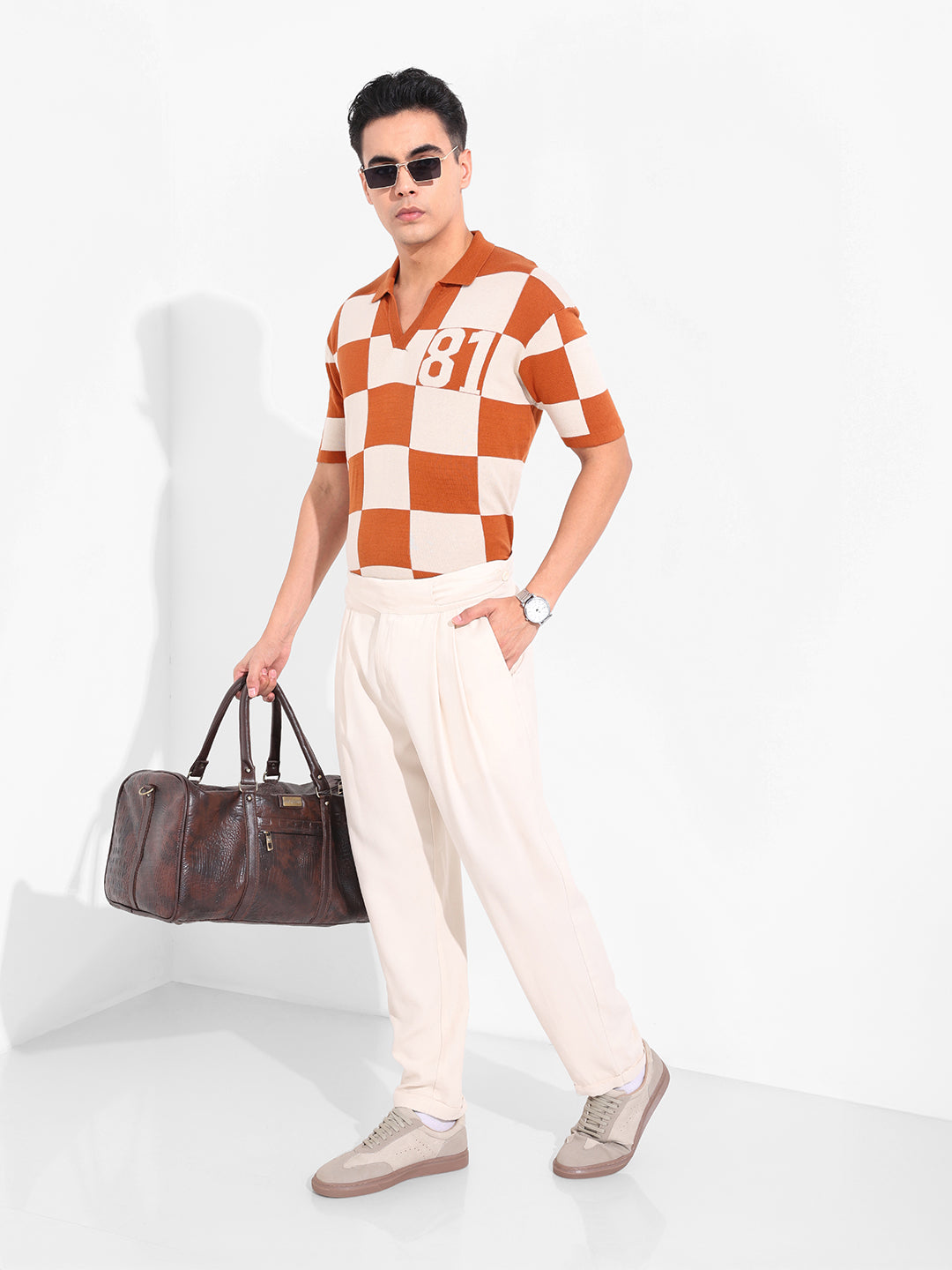 Men's Orange Oversized Fit Textured Flat Knit T-Shirt