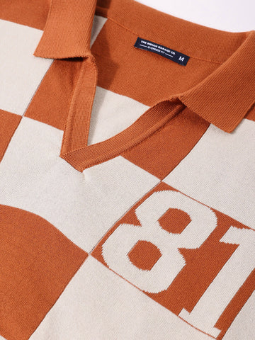 Men's Orange Oversized Fit Textured Flat Knit Polo T-Shirt