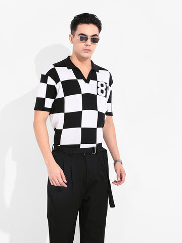 Men's Black Oversized Fit Textured Flat Knit T-Shirt