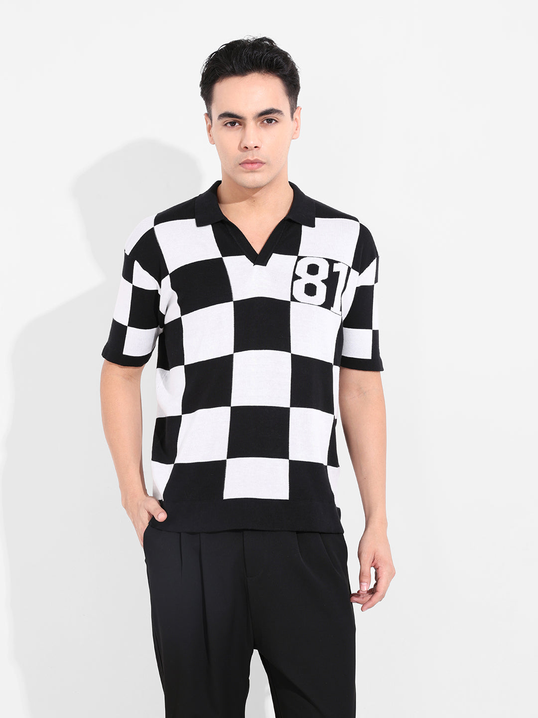 Men's Black Oversized Fit Textured Flat Knit T-Shirt