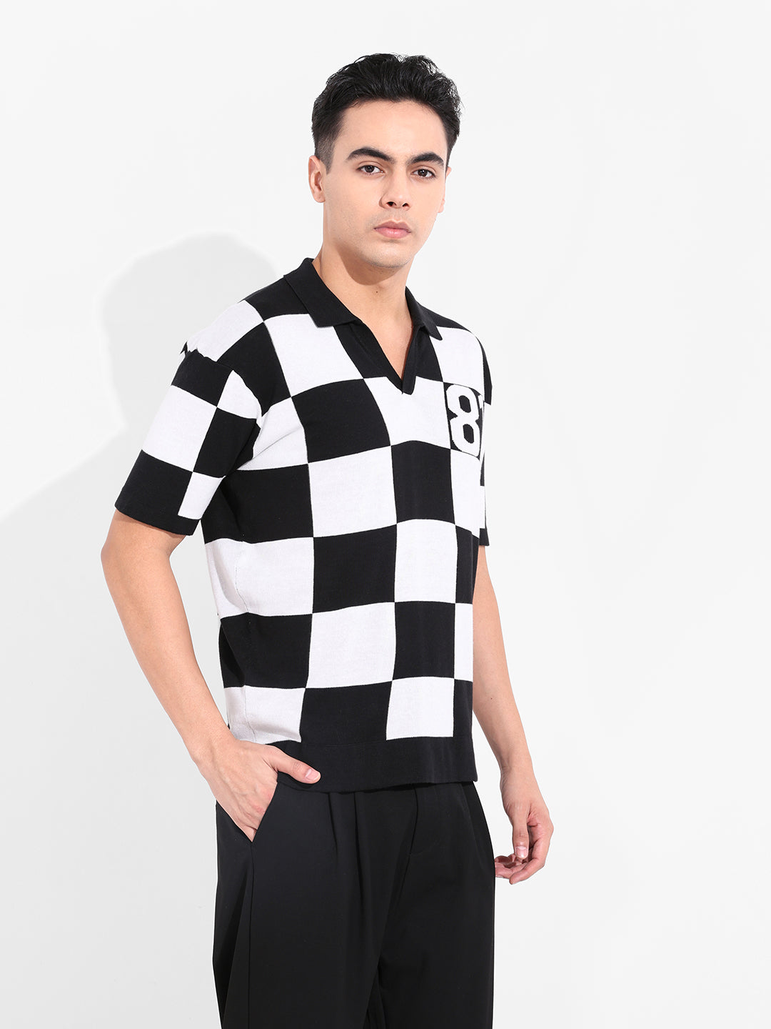 Men's Black Oversized Fit Textured Flat Knit T-Shirt