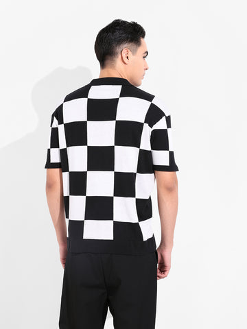 Men's Black Oversized Fit Textured Flat Knit T-Shirt