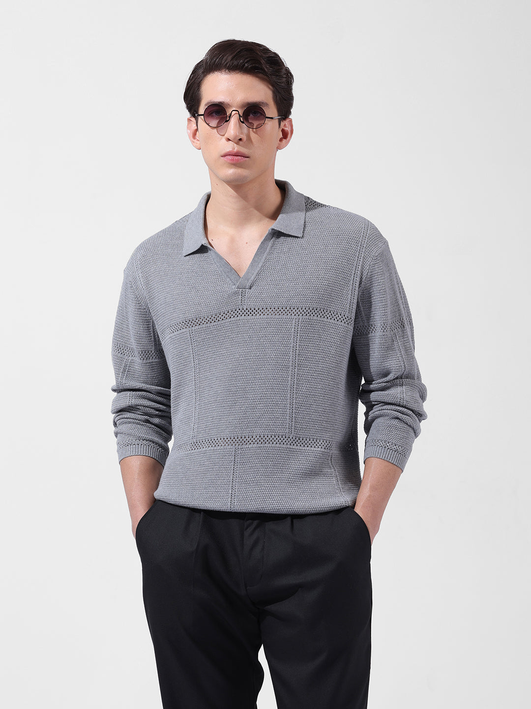 Men's Grey Oversized Fit Textured Flat Knit Polo Neck T-Shirt