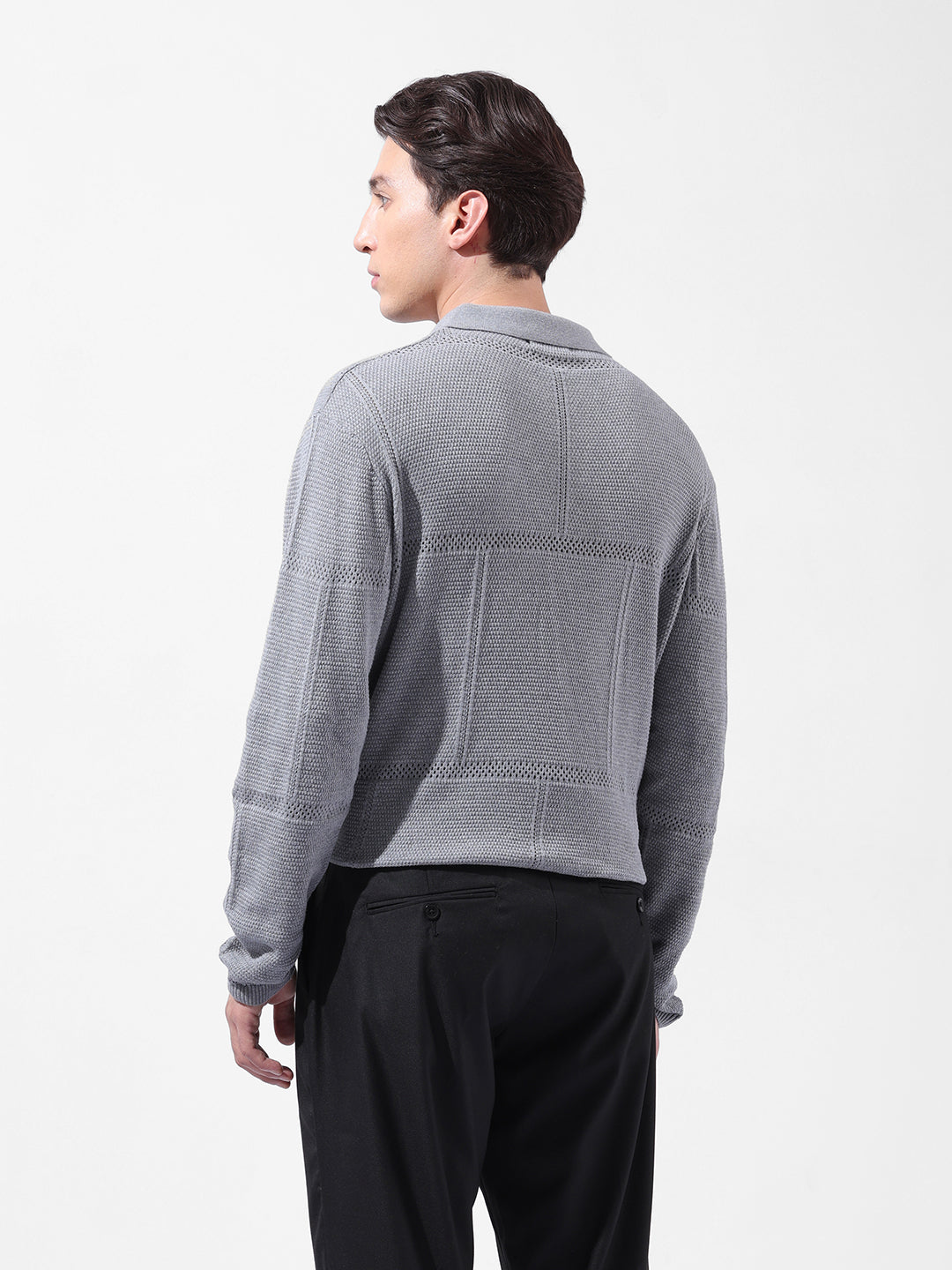 Men's Grey Oversized Fit Textured Flat Knit Polo Neck T-Shirt