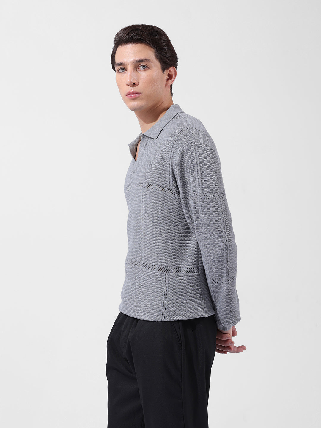 Men's Grey Oversized Fit Textured Flat Knit Polo Neck T-Shirt