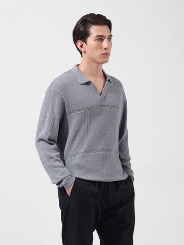 Men's Grey Oversized Fit Textured Flat Knit Polo Neck T-Shirt