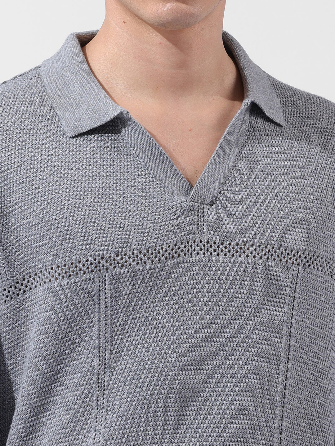 Men's Grey Oversized Fit Textured Flat Knit Polo Neck T-Shirt