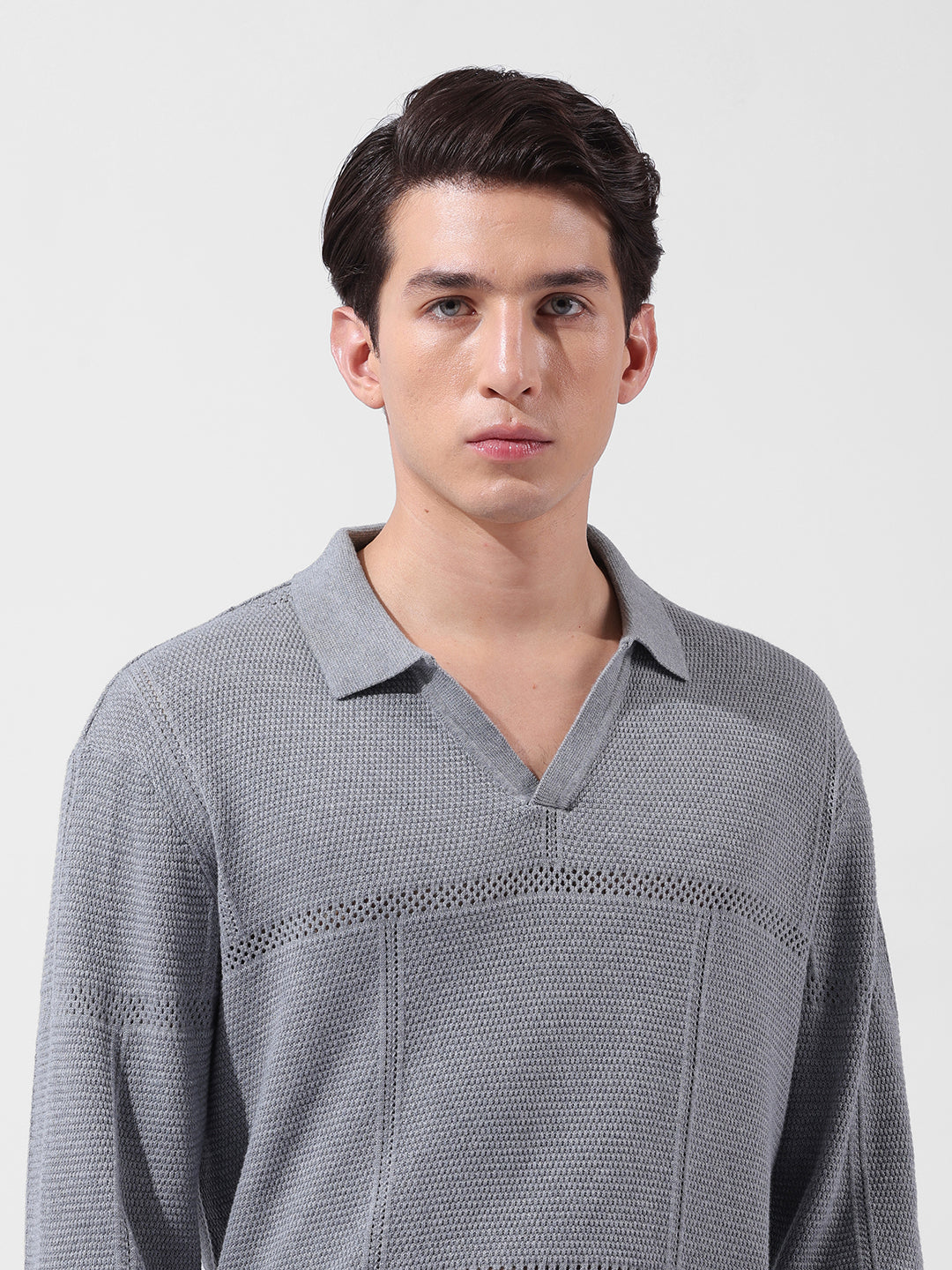 Men's Grey Oversized Fit Textured Flat Knit Polo Neck T-Shirt
