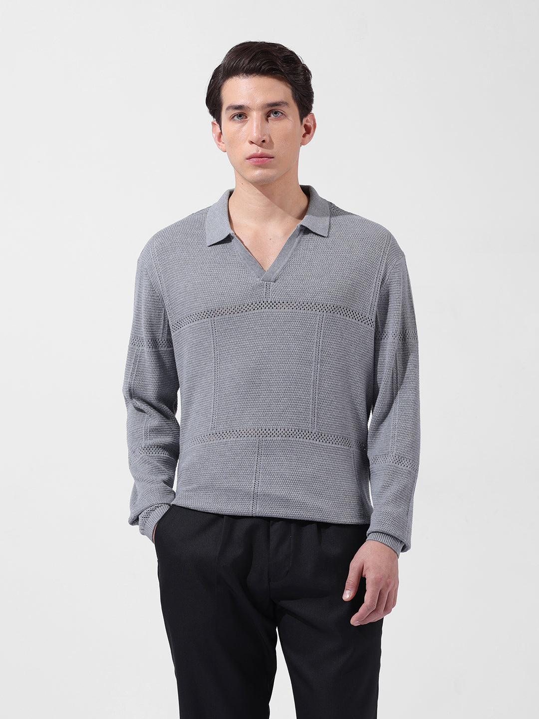 Men's Grey Oversized Fit Textured Flat Knit Polo Neck T-Shirt