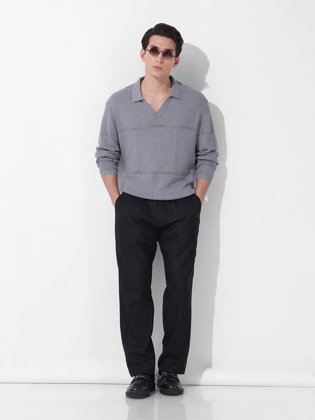 Men's Grey Oversized Fit Textured Flat Knit Polo Neck T-Shirt