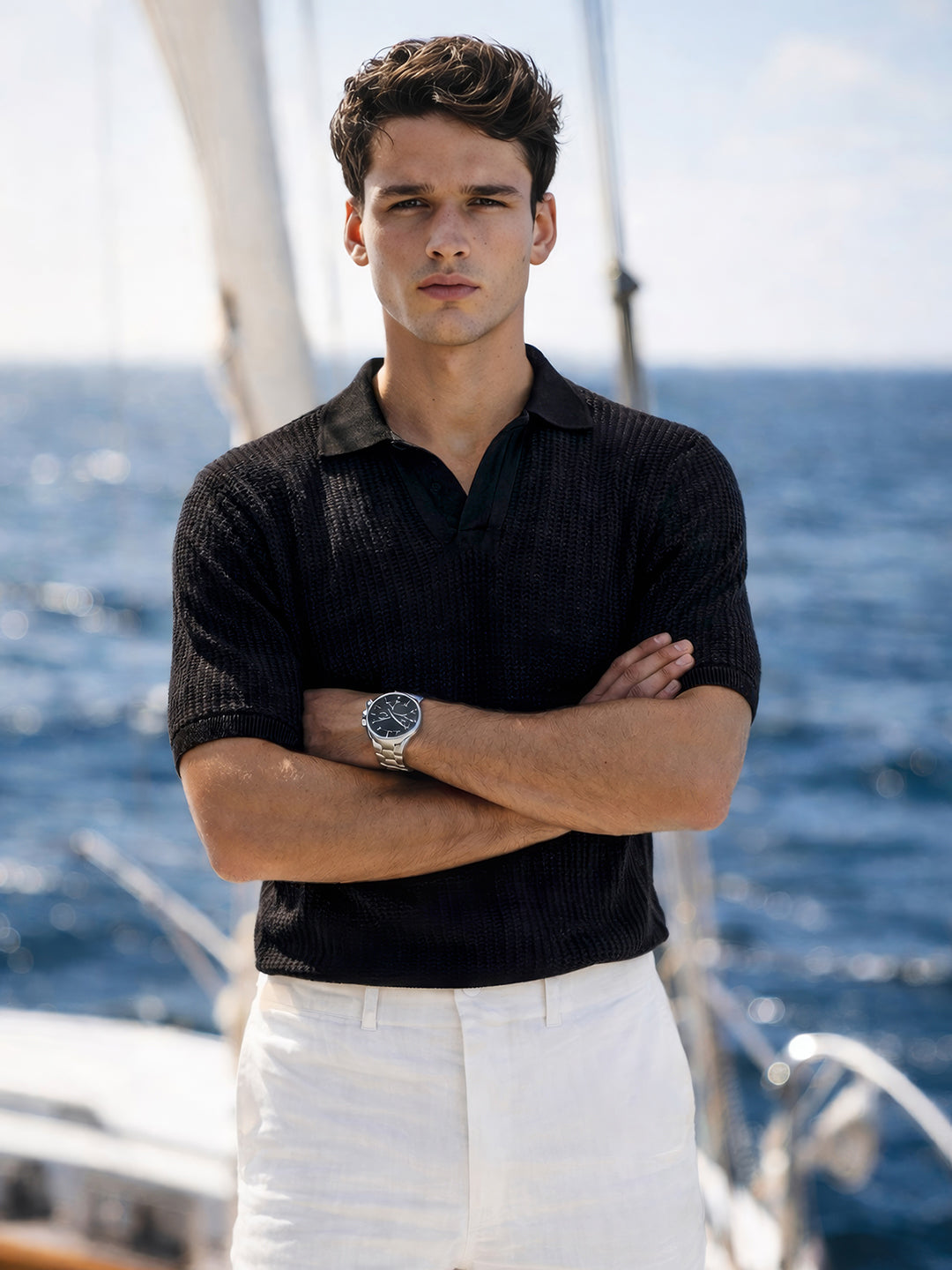 Men's Black Slim Fit Textured Flat Knit Polo Collar T-Shirt