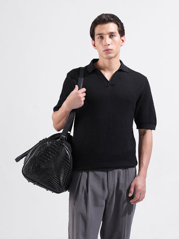 Men's Black Slim Fit Textured Flat Knit Polo Neck T-Shirt