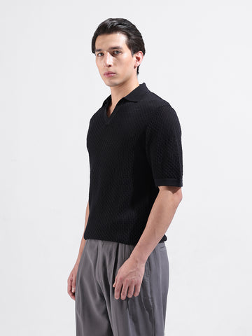 Men's Black Slim Fit Textured Flat Knit Polo Neck T-Shirt