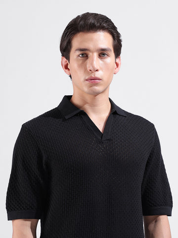 Men's Black Slim Fit Textured Flat Knit Polo Neck T-Shirt