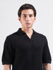 Men's Black Slim Fit Textured Flat Knit Polo Neck T-Shirt