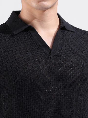 Men's Black Slim Fit Textured Flat Knit Polo Neck T-Shirt