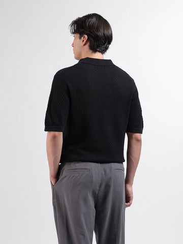 Men's Black Slim Fit Textured Flat Knit Polo Neck T-Shirt