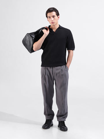 Men's Black Slim Fit Textured Flat Knit Polo Neck T-Shirt