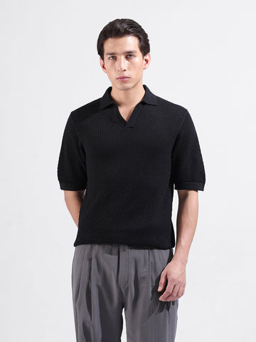 Men's Black Slim Fit Textured Flat Knit Polo Neck T-Shirt
