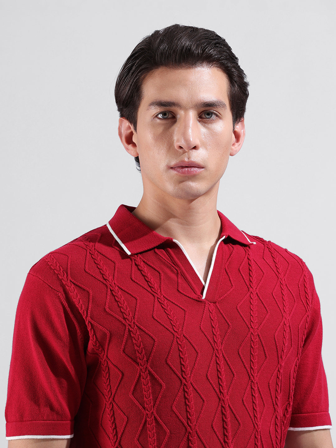 Men's Maroon Slim Fit Textured Flat Knit Polo Neck T-Shirt
