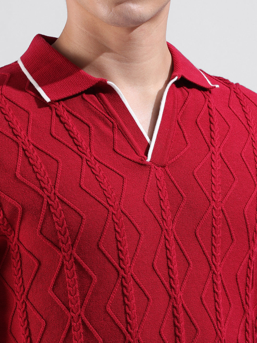 Men's Maroon Slim Fit Textured Flat Knit Polo Neck T-Shirt