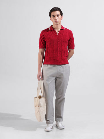 Men's Red Slim Fit Textured Flat Knit Polo Neck T-Shirt
