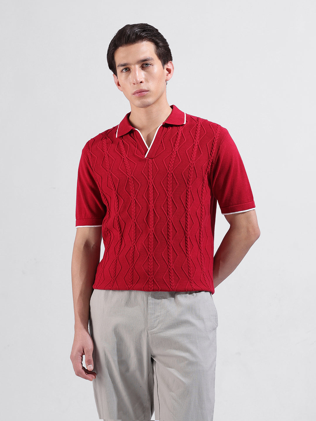 Men's Maroon Slim Fit Textured Flat Knit Polo Neck T-Shirt