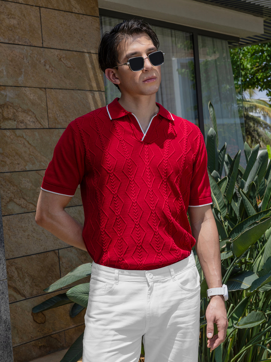 Men's Maroon Slim Fit Textured Flat Knit Polo Neck T-Shirt