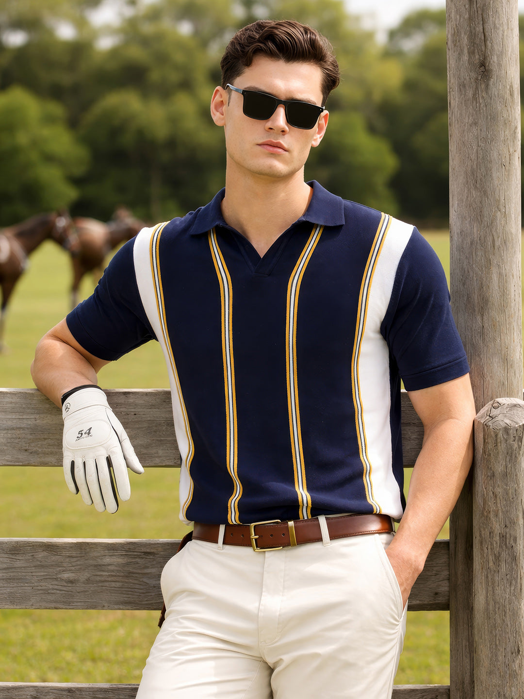 Men's Blue Slim Fit Textured Flat Knit Polo Neck T-Shirt