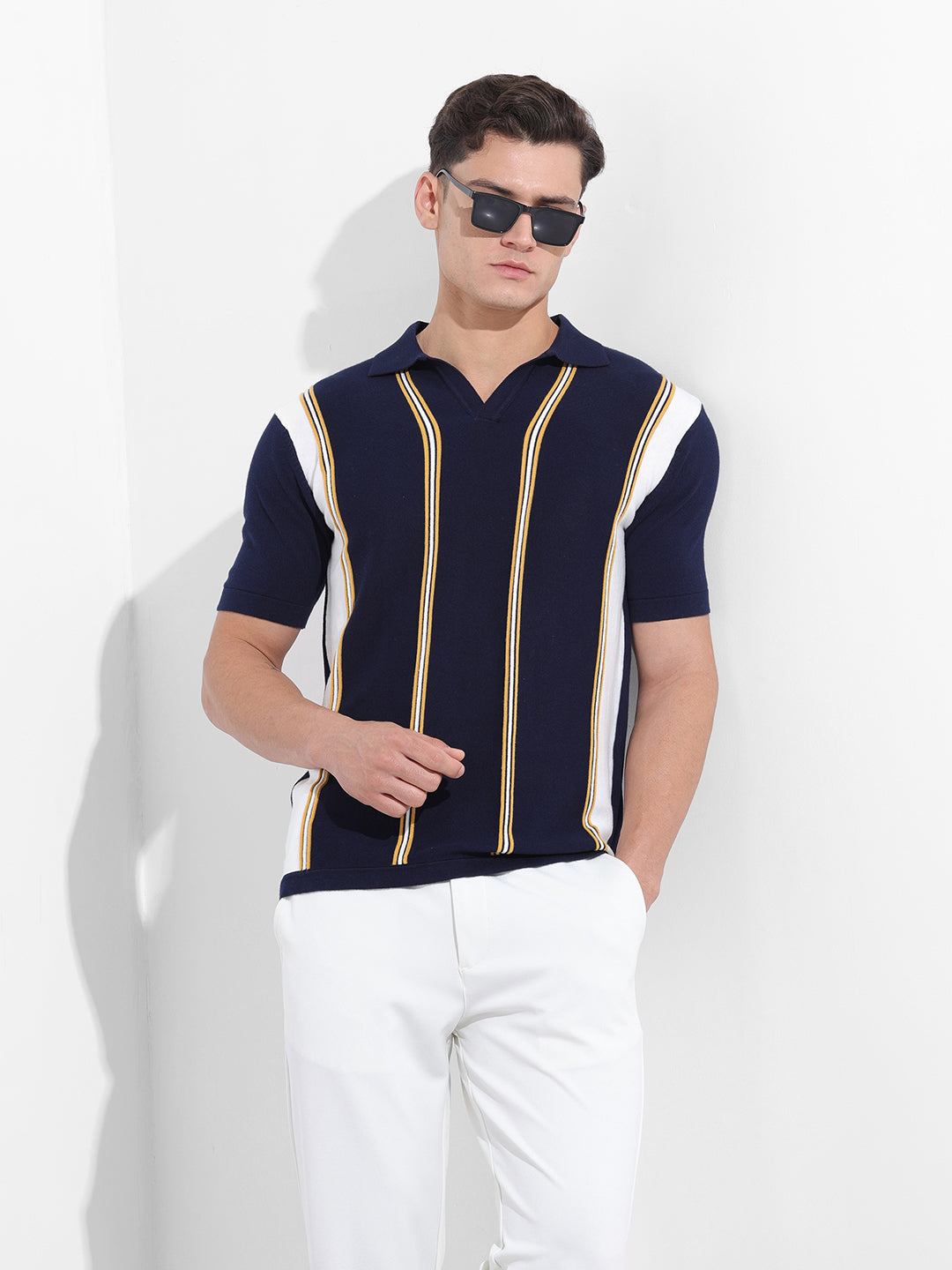 Men's Blue Slim Fit Textured Flat Knit Polo Neck T-Shirt