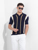 Men's Blue Slim Fit Textured Flat Knit Polo Neck T-Shirt