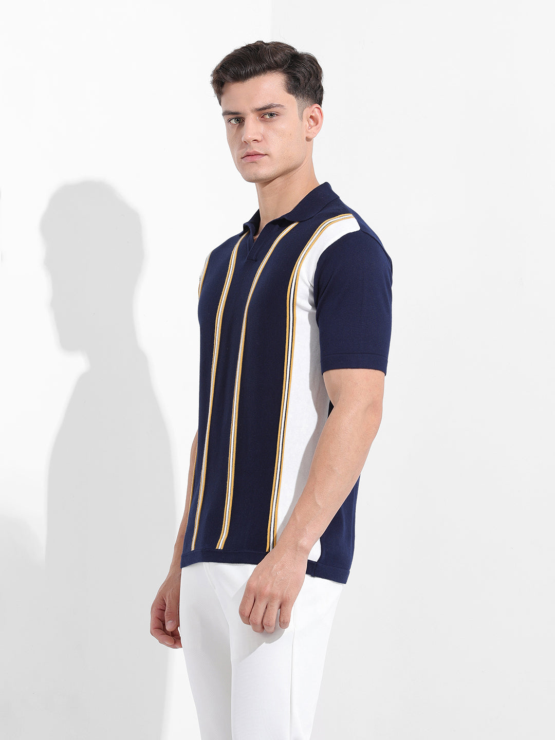 Men's Blue Slim Fit Textured Flat Knit Polo Neck T-Shirt