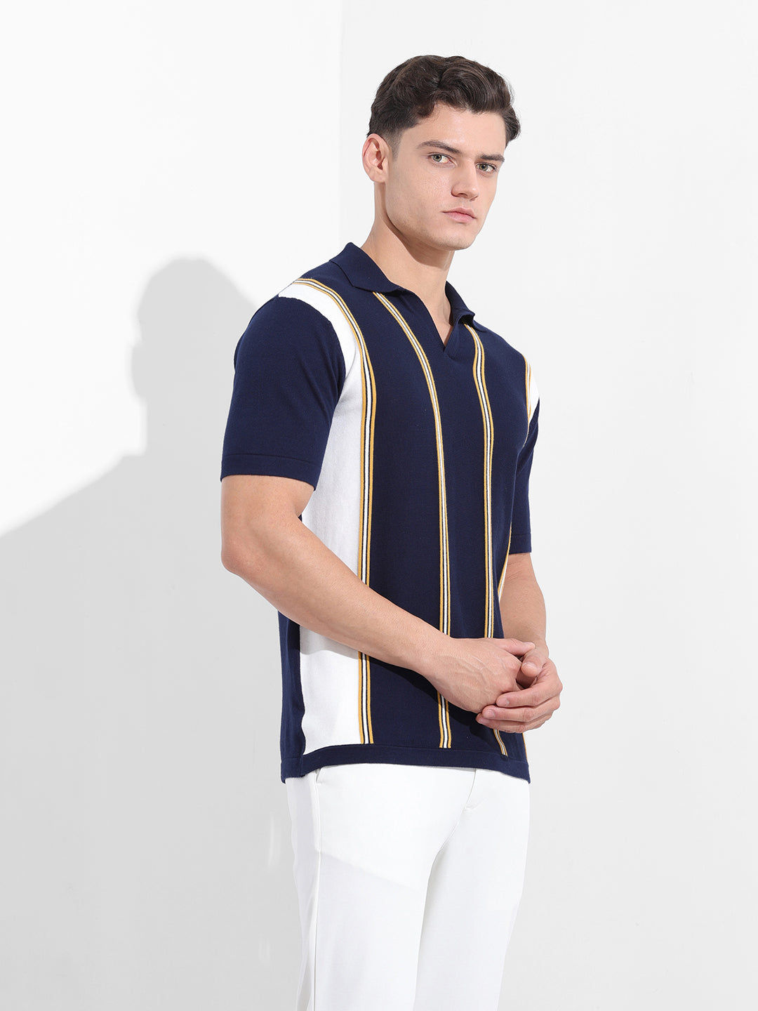 Men's Blue Slim Fit Textured Flat Knit Polo Neck T-Shirt