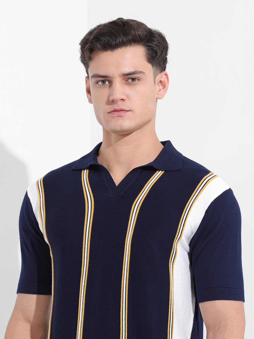 Men's Blue Slim Fit Textured Flat Knit Polo Neck T-Shirt
