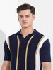 Men's Blue Slim Fit Textured Flat Knit Polo Neck T-Shirt