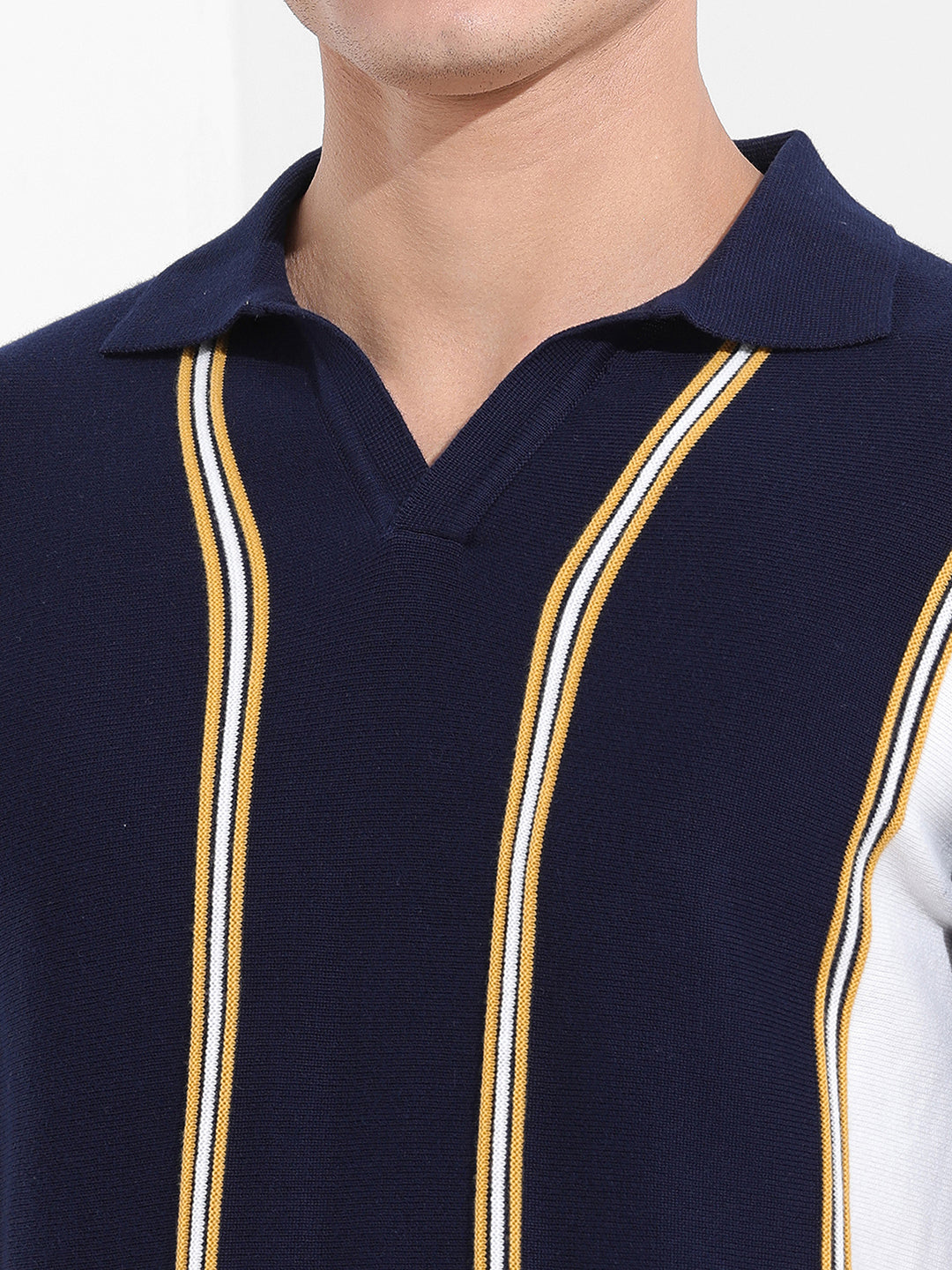 Men's Blue Slim Fit Textured Flat Knit Polo Neck T-Shirt